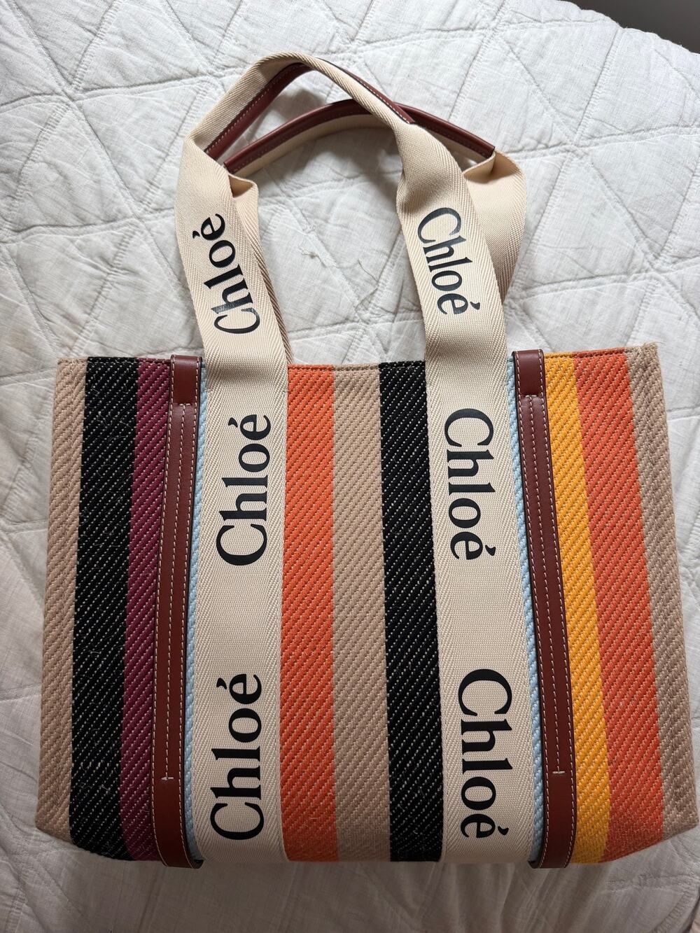 Chloé Medium Woody Tote Bag Striped Canvas Multicolor Ribbon